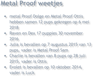 Metal Proof weetjes   	metal Proof Dolge en Metal Proof Ottis hebben samen 12 pups gekregen op 6 mei 2018 	Raven en Dex 17 puppies 30 november 2016 	Julia is bevallen op 7 augustus 2015 van 13 pups, vader is Metal Proof Sam 	Charlie is bevallen van 8 pups op 28 juli 2015, vader is Ottis 	Evolet is bevallen op 10 oktober 2014, vader is Luck
